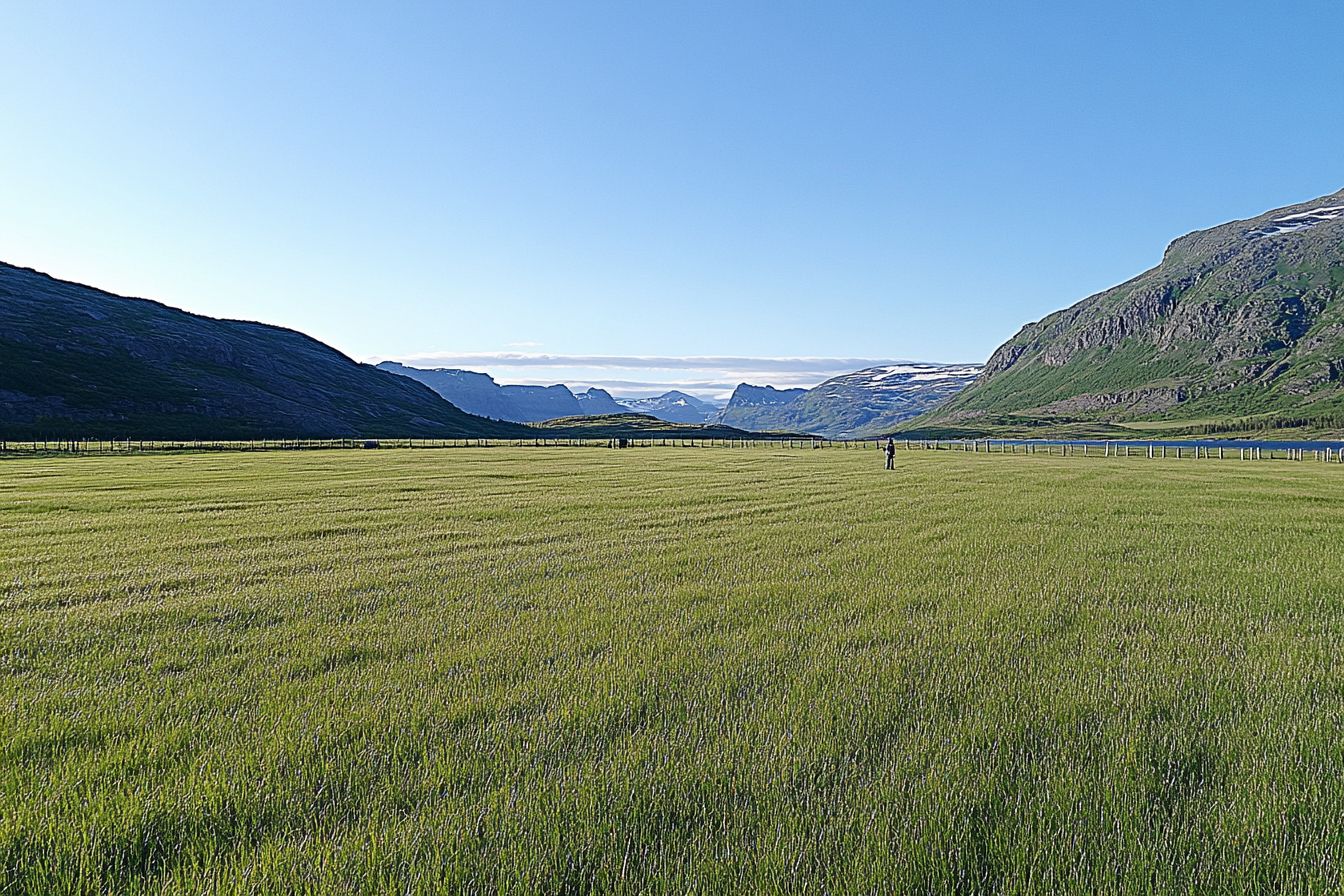 Cultivated green valley at Isortuusua, South Greenland, mountains and fjord behind